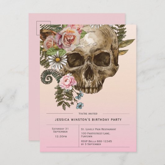 Uitnodiging Gotische Stoffige Roze schedel (Voorkant / Achterkant)