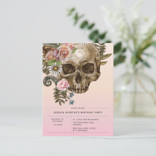 Uitnodiging Gotische Stoffige Roze  schedel (Staand voorkant)