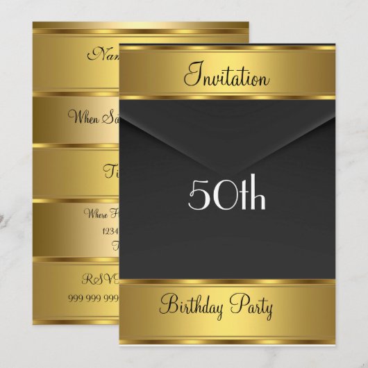Uitnodiging gouden 50ste verjaardagsfeest (Voorkant / Achterkant)