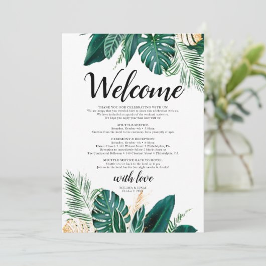 Uitnodiging gouden palm welkomstbrief Huwelijksuit (Staand voorkant)