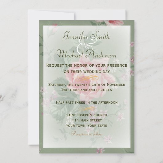 Uitnodiging Groen en Roze Roze Eenvoudig huwelijk (Voorkant)