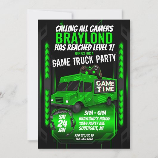 Uitnodiging groene game Truck Birthday Party (Voorkant)