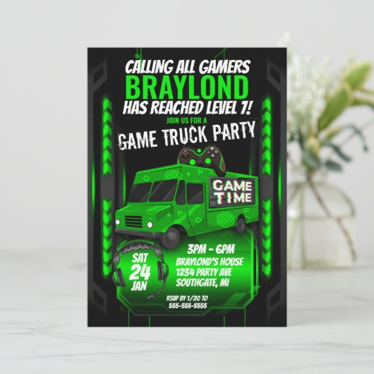 Uitnodiging groene game Truck Birthday Party (Staand voorkant)