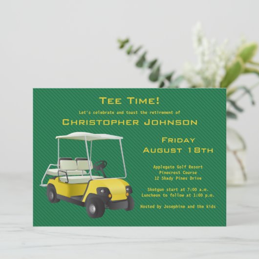 Uitnodiging Groene Gouden Golf Cart (Staand voorkant)
