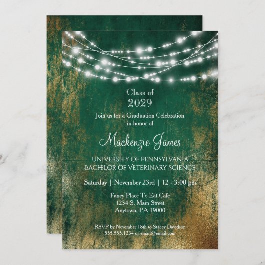 Uitnodiging groene goudlampjes met diploma (Voorkant / Achterkant)
