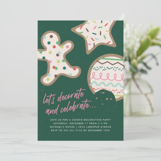 Uitnodiging Groene Kerstkrans Koekjes Versieren Fe (Staand voorkant)