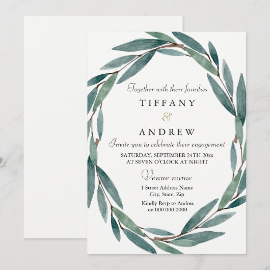 Uitnodiging groene lef Wreath Engagement Party (Voorkant / Achterkant)