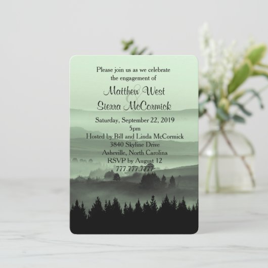 Uitnodiging Groene Rustic Mountain Engagement Part (Staand voorkant)