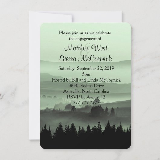 Uitnodiging Groene Rustic Mountain Engagement Part (Voorkant)