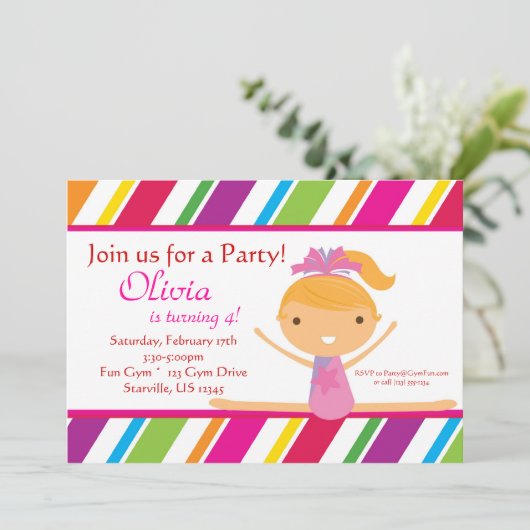 Uitnodiging Gymnast Birthday striped (Staand voorkant)