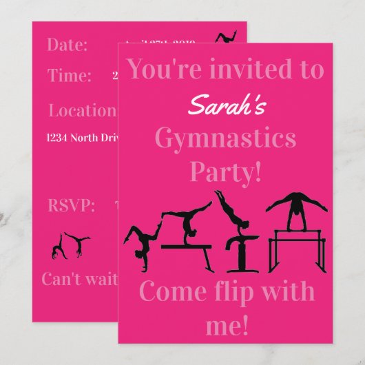 Uitnodiging Gymnastiek Birthday (Voorkant / Achterkant)