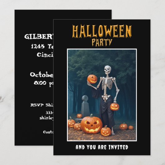 Uitnodiging Halloween-feest Skelet tussen Pompoene (Voorkant / Achterkant)