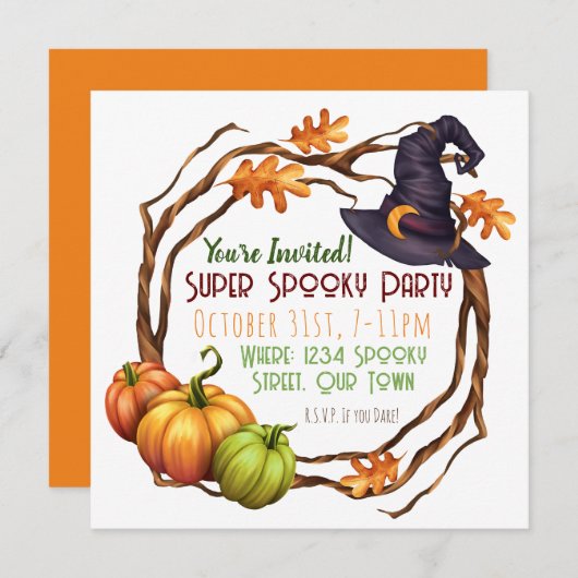 Uitnodiging Halloweenfeest Pompoen Heks Vierkant (Voorkant / Achterkant)