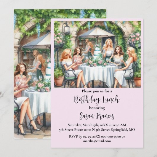 Uitnodiging Happy Birthday Lunch Chic Dames (Voorkant / Achterkant)