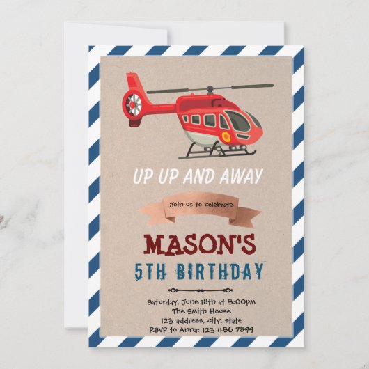 Uitnodiging helikopter vliegtuig verjaardagsfeest (Voorkant)