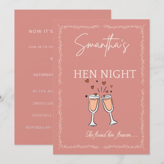 Uitnodiging Hen Night – Aanpasbare Roze Roos Bri (Voorkant / Achterkant)