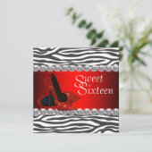 Uitnodiging Hoge Hak Schoen Rode Zebra Sweet 16 Fe (Staand voorkant)