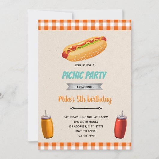 Uitnodiging hotdog picknick verjaardagsfeest thema (Voorkant)