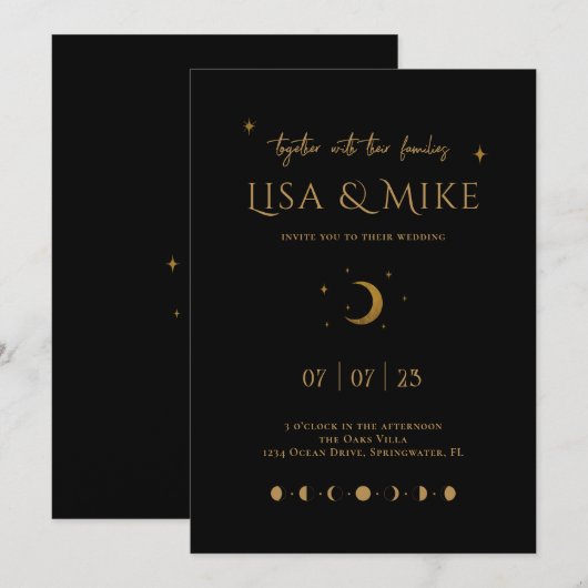 Uitnodiging in Black & Gold Moon-fase (Voorkant / Achterkant)