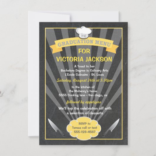 Uitnodiging in het menu Afstuderen culinaire grade (Voorkant)
