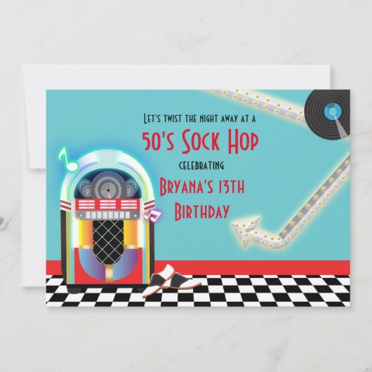 Uitnodiging in rode kleur voor 50's Jukebox Dance (Voorkant)