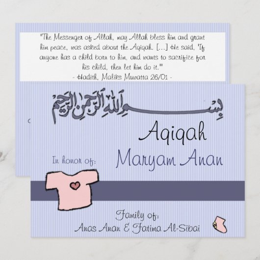 Uitnodiging islamitische Aqiqa - viering van de ba (Voorkant / Achterkant)