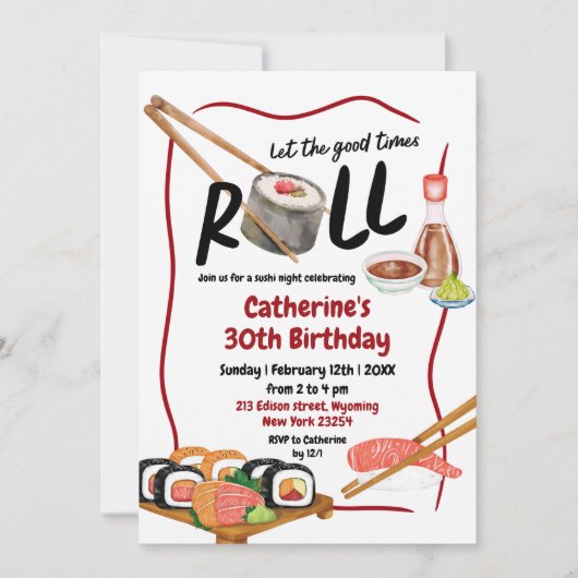 Uitnodiging Japanse verjaardagsfeest Roll Sushi Ni (Voorkant)