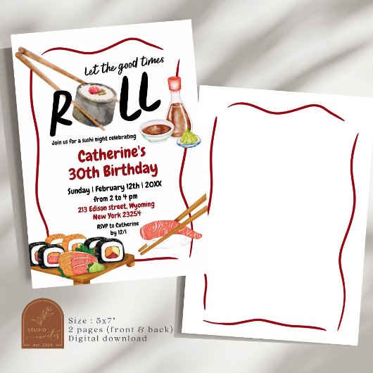 Uitnodiging Japanse verjaardagsfeest Roll Sushi Ni