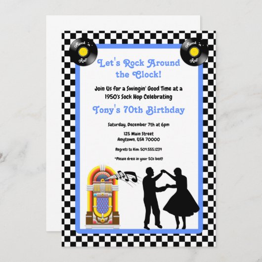 Uitnodiging jaren 50, Sock Hop, Rock and Roll, 50s (Voorkant / Achterkant)