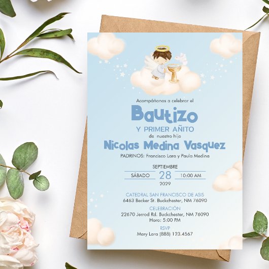 Uitnodiging Jongen Engel Doop en Eerste Verjaardag