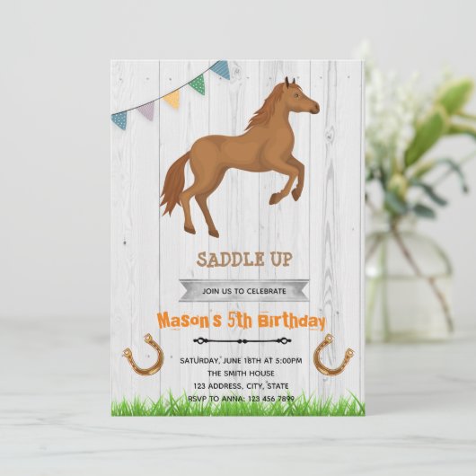 Uitnodiging jongens paard thema feest (Staand voorkant)