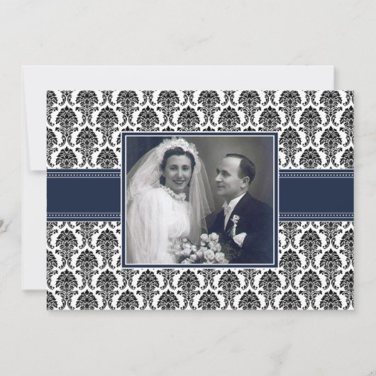 Uitnodiging Jubileum Navy Blue Damask (Voorkant)