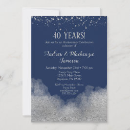 Uitnodiging jubileum Navy Blue Silver Confetti