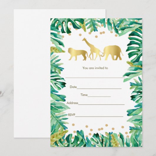 Uitnodiging Jungle Dieren Safari invullen in Goud (Voorkant / Achterkant)