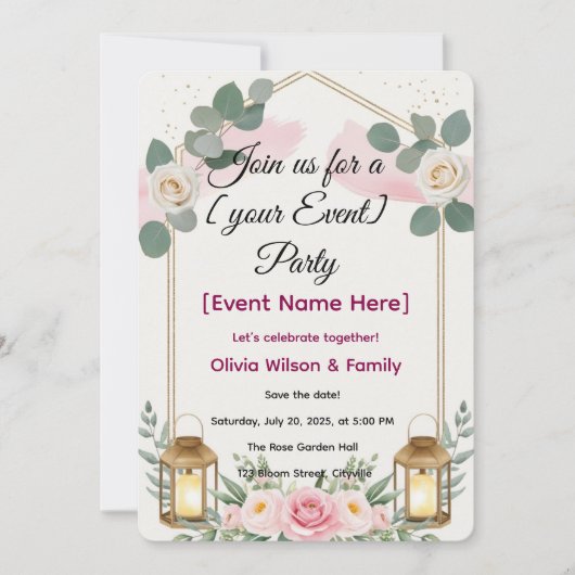 Uitnodiging Kaart Elegante Bloemenlantaarn (Voorkant)