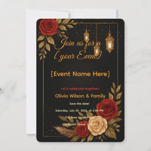 Uitnodiging Kaart Sjabloon Luxe Zwart Goud Bloemen (Voorkant)