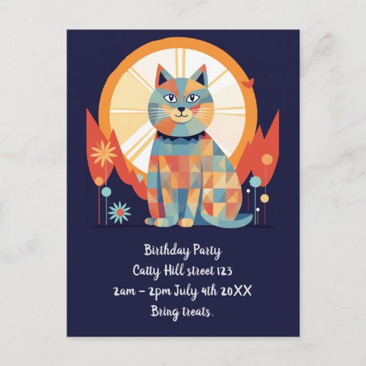 Uitnodiging Kat Retro Feestje Briefkaart (Voorkant)