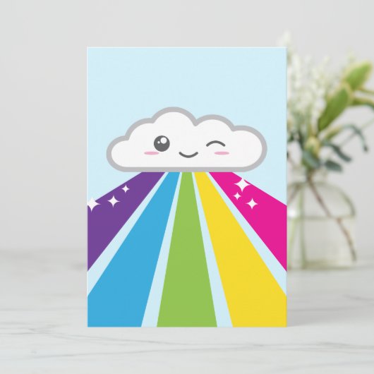 Uitnodiging Kawaii Cloud en Rainbow Party (Staand voorkant)