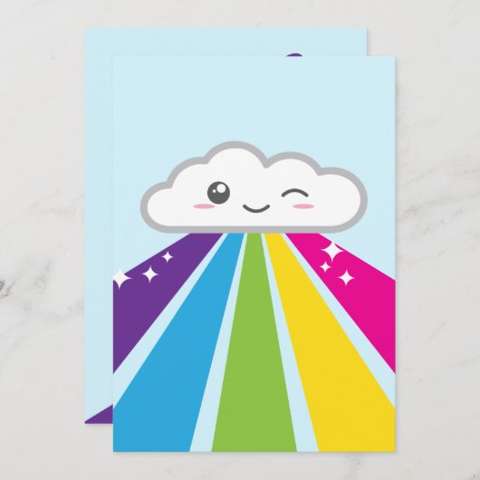 Uitnodiging Kawaii Cloud en Rainbow Party (Voorkant / Achterkant)