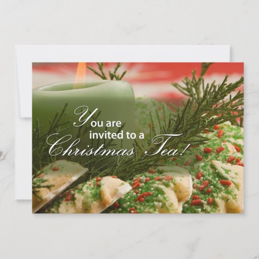 Uitnodiging Kerst Tea Party, koekjes, pijnboomzeme (Voorkant)