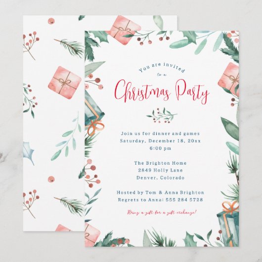 Uitnodiging kerstfeest - Gift, Berries, Holly (Voorkant / Achterkant)