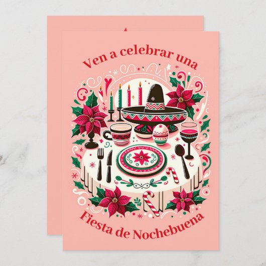 Uitnodiging Kerstfeest Spaanse Poinsettia (Voorkant / Achterkant)