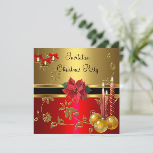 Uitnodiging kerstfeestdag Gold Red Xmas (Staand voorkant)