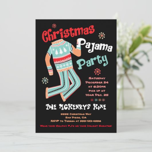 Uitnodiging kerstfeestdag Pajama (Staand voorkant)