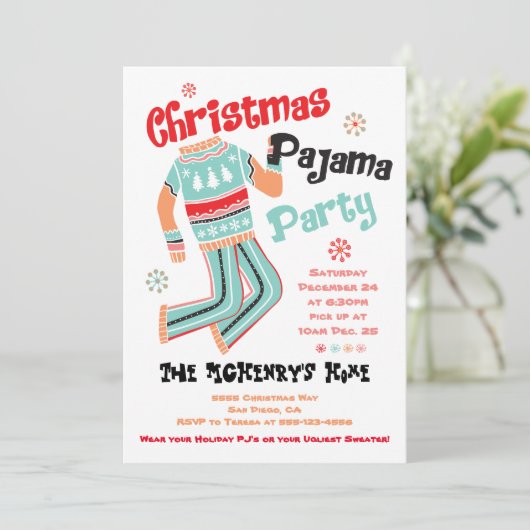 Uitnodiging kerstfeestdag Pajama (Staand voorkant)