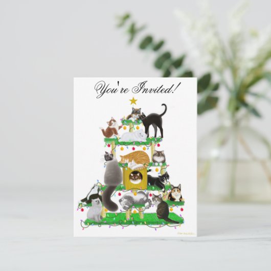 Uitnodiging kerstkat-boom (Staand voorkant)