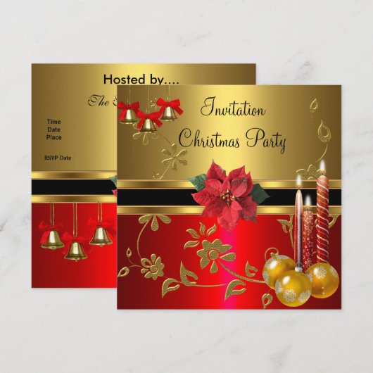 Uitnodiging Kerstvakantiefeest Goud Rood Kerstmis (Voorkant / Achterkant)