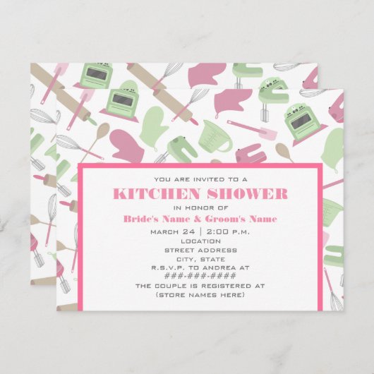 Uitnodiging keukendouche - Roze en groen (Voorkant / Achterkant)