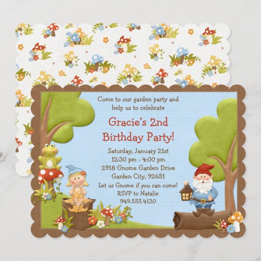 Uitnodiging Kinder Gnome Birthday (Voorkant / Achterkant)