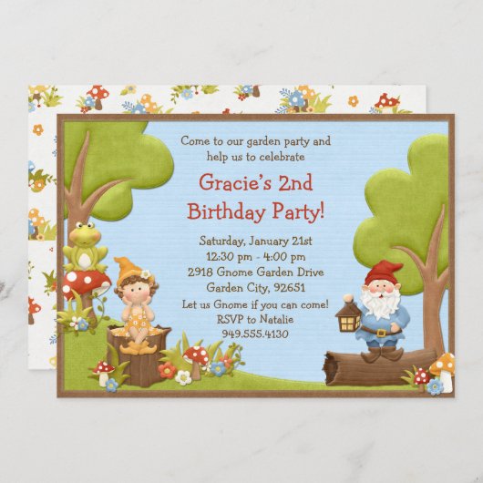 Uitnodiging Kinder Gnome Birthday (Voorkant / Achterkant)
